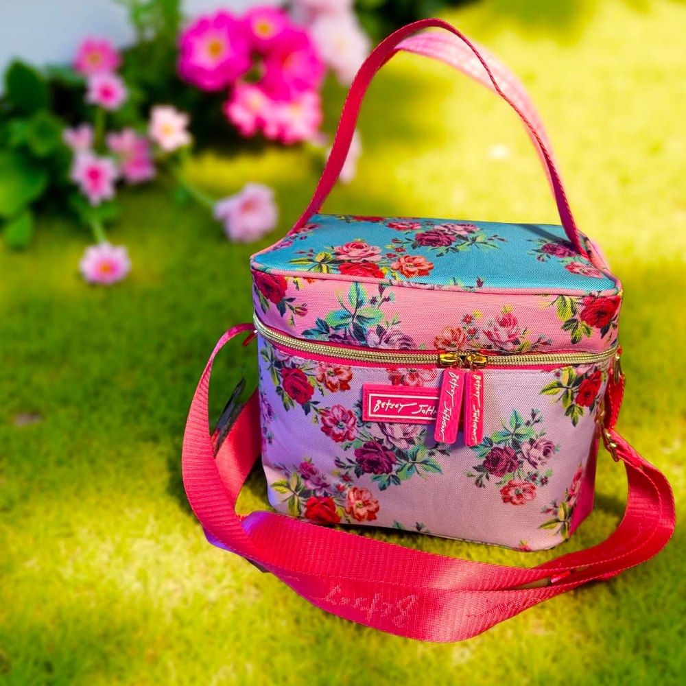 Betsey Johnson NWT Floral Pink Red & Purple Insulated Crossbody Lunch Bag (P170) - Picture 9 of 9